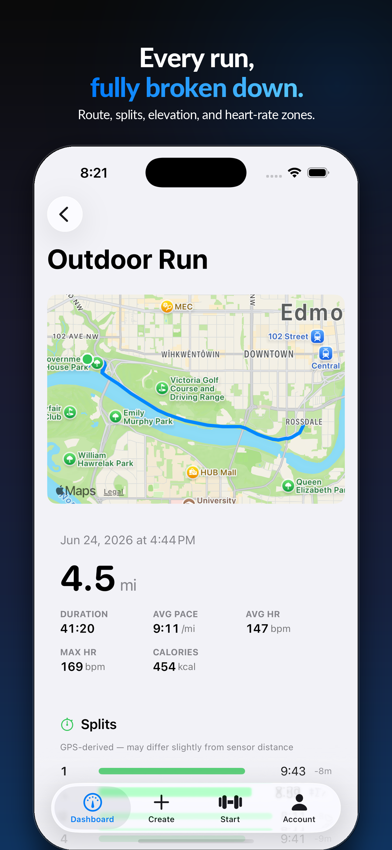 Run Detail screen showing route map, per-mile splits, elevation profile, and heart-rate zones