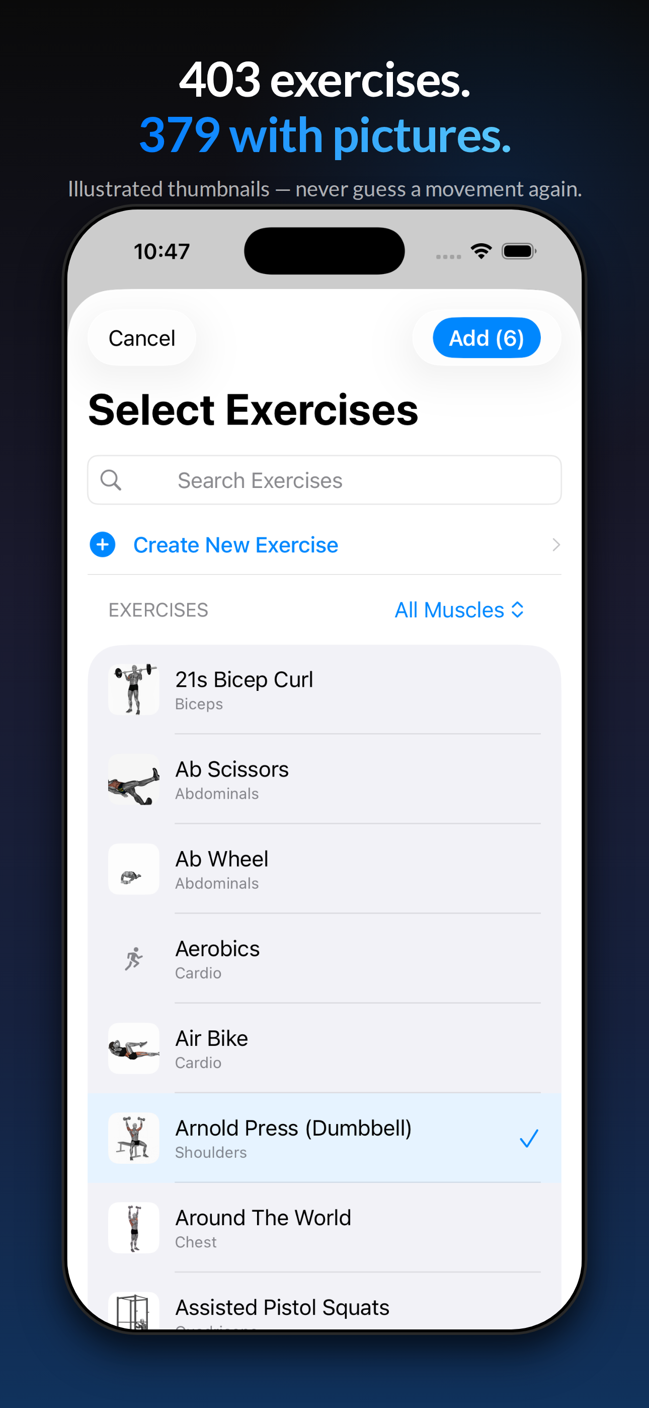 Illustrated exercise picker — 379 of 403 exercises with thumbnails