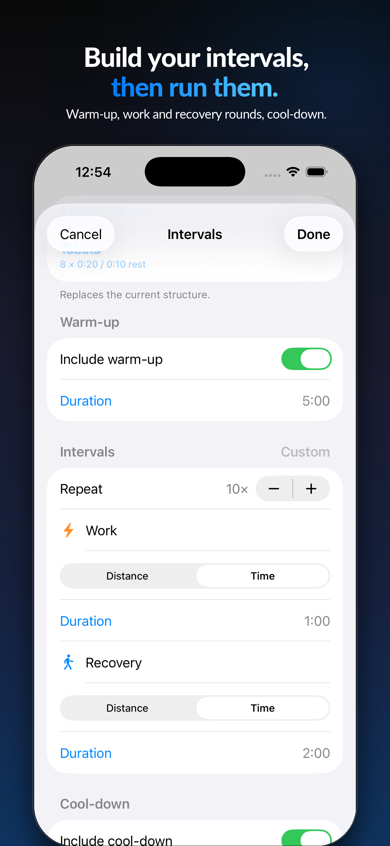 Interval builder — warm-up, work and recovery rounds, cool-down