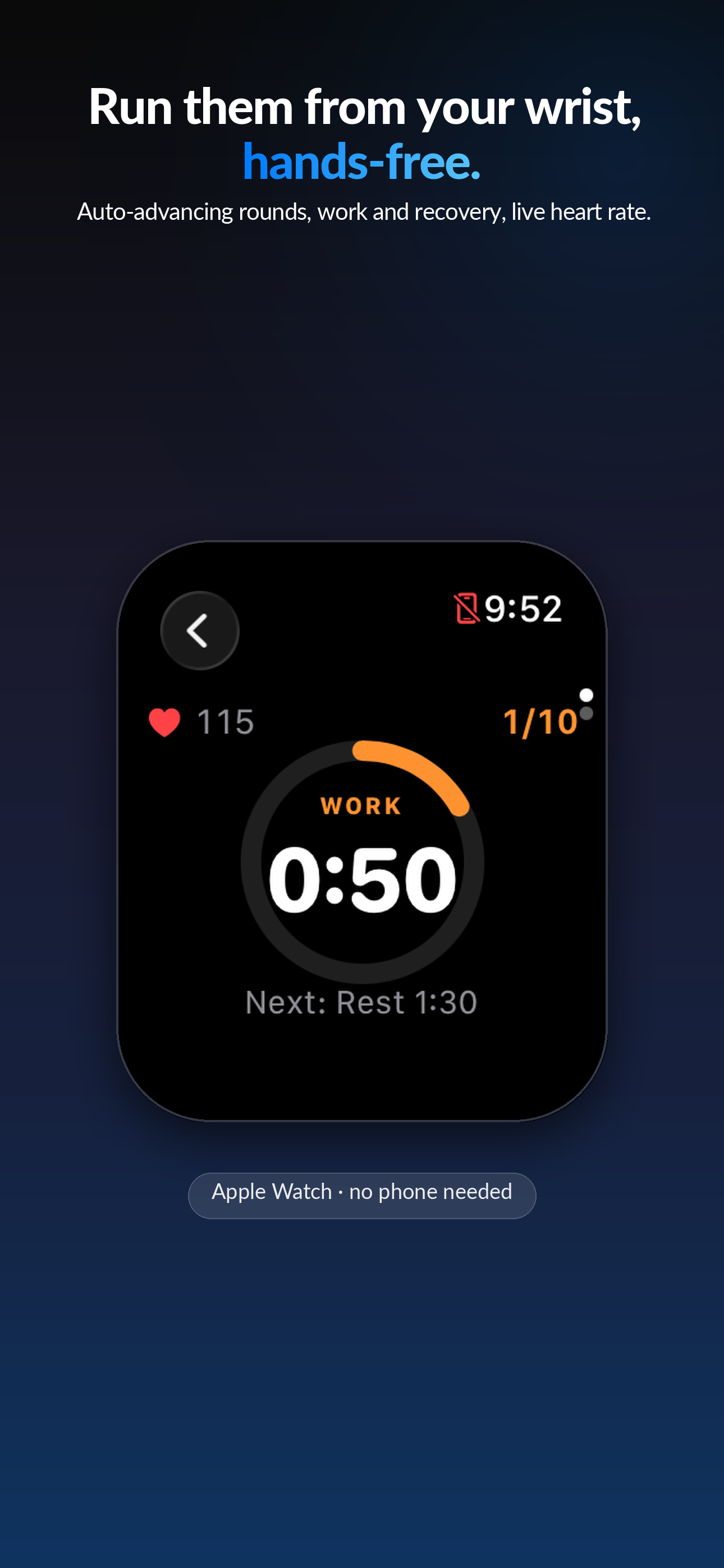 Live interval run on Apple Watch — auto-advancing rounds, hands-free