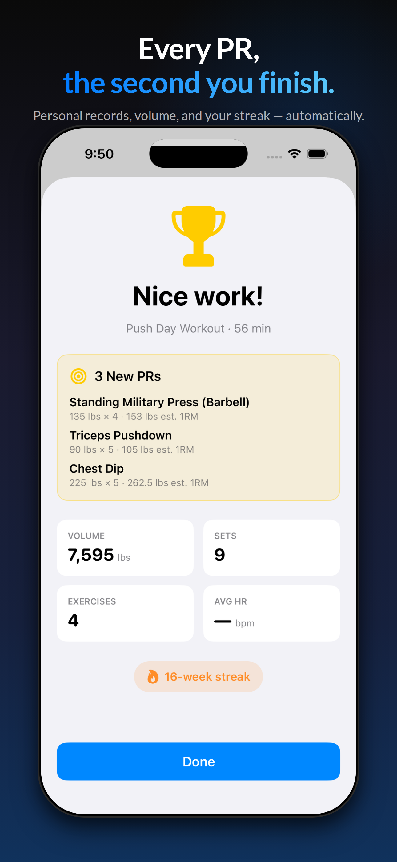 Post-workout summary with MuscleMap heatmap, PR badge, and session totals